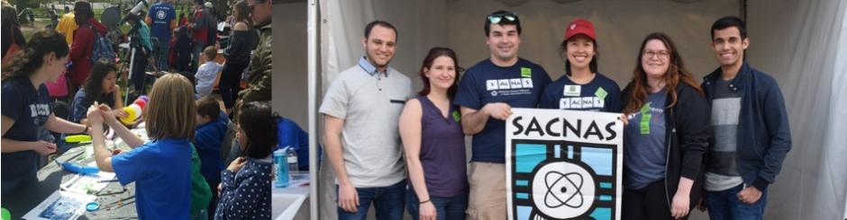 Penn SACNAS members teaching children about science on the left, and the volunteering team posing on the right.